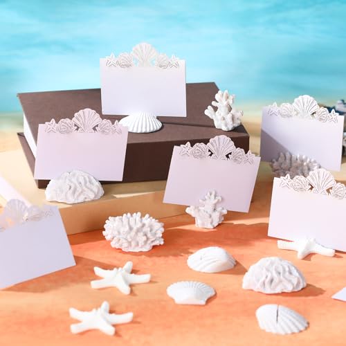 Vicenpal 60 Pack White Seashell Coral Starfish Table Place Card Holder Beach Wedding Table Name Number Place Card Holder for Wedding Coastal Under The Sea Mermaid Birthday Decor, with 30 Placecard by Vicenpal - Used condition - US$27.31