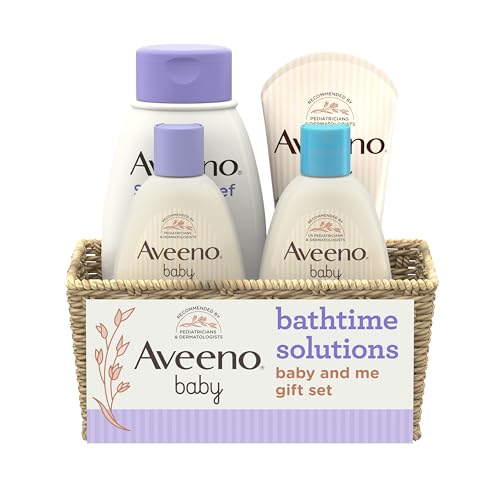 Image of Aveeno Baby Bathtime Solutions Baby & Me Gift Set with Baby Wash & Shampoo, Calming Baby Bath, Baby Daily Moisturizing Lotion & Stress Relief Body Wash for Mom, Oatmeal, 4 Items