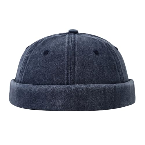 Image of QKURT Docker Hat for Men, Retro Docker Cap Worker Sailor Cap No Brim, Summer Brimless Fisherman Beanie Rolled Cuff Harbour Hat Adjustable Skullcap Indigo