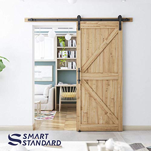 Smartstandard 6.6 Ft Heavy Duty Sturdy Sliding Barn Door Hardware Kit, Black, (Whole Set Includes 1X Pull Handle Set & 1X Floor Guide) Fit 36"-40" Wide Door Panel (I Shape Hanger) #TOP4