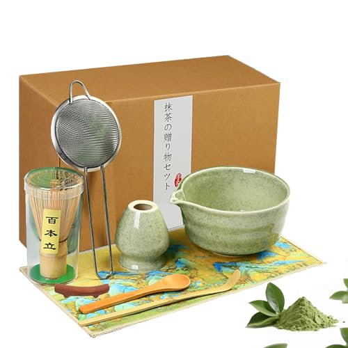 Matcha Kit – Té Matcha Kit de 8 Piezas para la Ceremonia del Té: Cuenco con Pico Vertedor, Batidor de Bambú con Soporte, Chashaku, Soporte para Chashaku, Cuchara de Madera, Chakin, Tamiz para Matcha