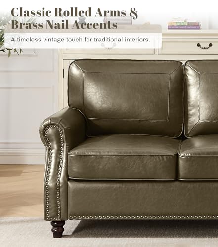 Image of Kingfun 3 Seater Sofa, Mid-Century Modern Faux Leather Couch Set for Living Room, Darkcoffee with Rolled Arms & Nailhead Trim, Easy Assembly, Olive Green
