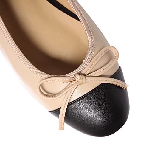 Shodense Women Cap Toe Bow Flats Two Tone Slip On Ballet Flats Comfort Closed Round Toe Flats Colorblock 1 Inch Low Flat Heel Dress Shoes Plaid Cute Ladies Casual Driver Flats Matte Beige 6 M Us #TOP4