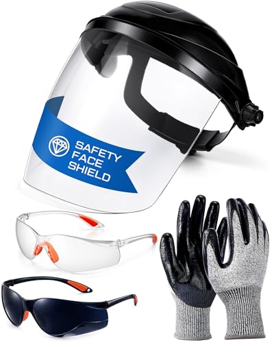 Tellegloww 4 Pcs Safety Face Shield for Grinding & Cutting, Including 1 Full Face Impact Resistant Mask, 1 Pair Nitrile Coated Glove, 2 Safety Glasses (clear & Grey) for Woodworking, Construction