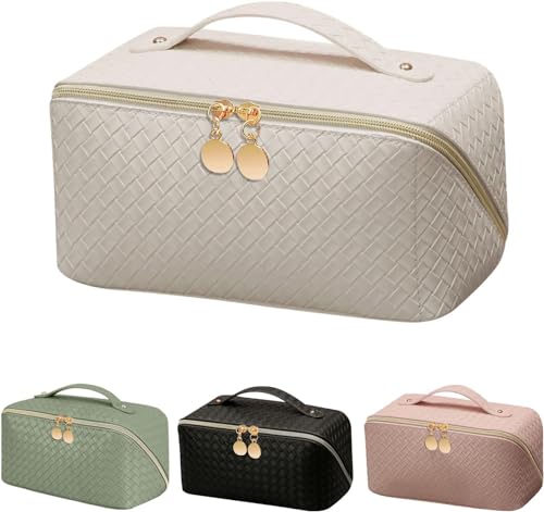 MLAY Makeup Bag - Cosmetic Bag, Waterproof Travel Makeup Bag, Makeup Bag Organizer with Multiple Layers, Large Capacity Cosmetic Bags for Women, 9.44“x 4.3”x 4.52”, PU Makeup Travel Bag - Apricot