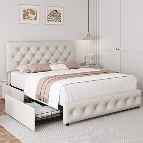 Queen Bed Frame With 4 Storage Drawers And Adjustable Headboard, Upholstered Platform Bed With Button Tufted Design, Strong Wooden Slats Support, No Box Spring Needed, Fabric, Cream #TOP5