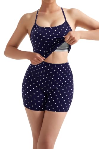 Image of SUUKSESS Women 2 Piece Workout Sets High Waisted Tummy Control Biker Shorts Halter Padded Tank Tops