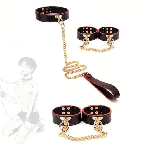 3 pièces en cuir PU noir avec poignets réglables et chaîne de ceinture de collier gothique