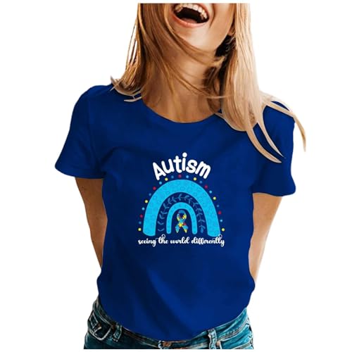 Camiseta básica de manga corta con cuello redondo y estampado de primavera y verano para mujer, azul, XXL