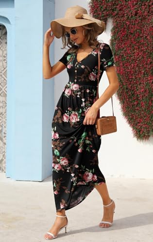 Image of GRECERELLE Womens Summer Long Maxi Dresses 2026 Short Sleeve V Neck Casual Button Dress with Pockets