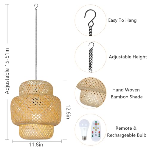 HMVPL Battery Operated Chandelier with Hook, Bamboo Outdoor Battery Operated Light with Remote, Boho Outdoor Chandelier for Porch, Wireless Dimmable Gazebo Light, Hanging Lamp for Patio Pergola by HMVPL - Used condition - Image 4