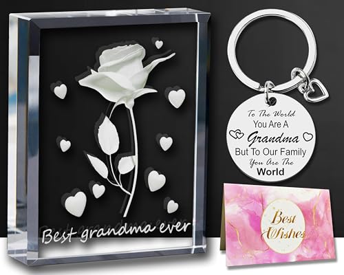 Yanhuecui Mothers Day Grandma Gifts, Gifts for Grandma from Grandchildren, Grandma 3D Flower Crystal Keepsakes Key Chain Gifts - Birthday Gifts for Grandma from Grandkids - Best Grandma Ever Presents