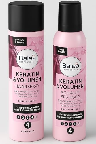 Balea Professional – Spray para el cabello queratina y volumen (250 ml) + fijador de espuma de queratina y volumen (150 ml) + pegatina PurLife