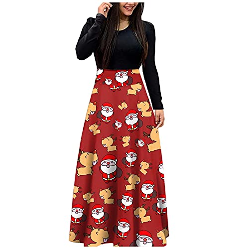 Womens Long Sleeve Maxi Dress Floral Boho Print Casual Crewneck Tunic Dress Long High Waist Elastic Beach Party Dress (01 Red, S)