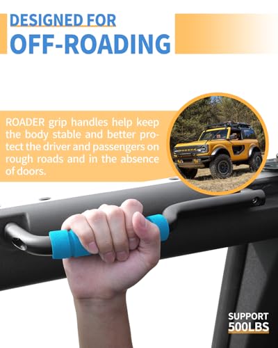 Image of ROADER Bronco Front Grab Handles for 2021 2022 2023 Ford Bronco 2 /4 Door Roll Bar Grip Handles, Upgraded Non-Slip Aluminum Blue Handles Bronco Interior Accessories (Not Fit Rear Seat)