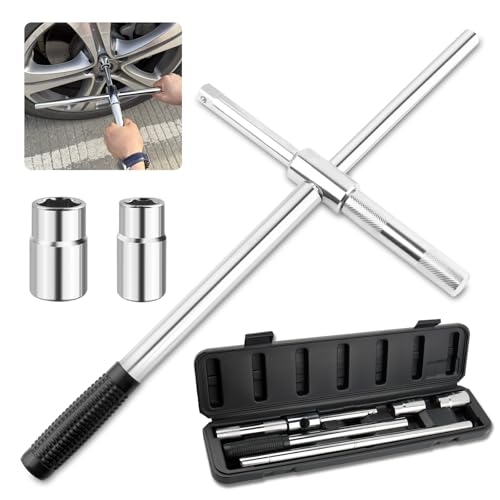 Image of Extended Lug Nut Removal Tool Kit with 4 Way Lug Wrench,23 inch Telescopic Tire Iron Lug Wrench with 2 Standard Sockets(17,19,21,23mm) and Case,Portable Lug Nut Wrench for Most Vehicles