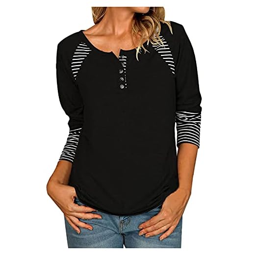 Camiseta de manga larga para mujer, diseño a rayas, patchwork, cuello redondo, manga larga, cuello redondo, estampado a rayas, blusa para mujer, informal, manga larga, botón, Negro , XXL