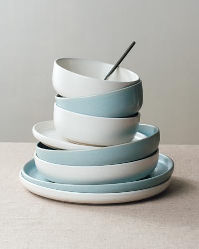 Image of Famiware Milkyway Plates and Bowls Sets, 12 Pieces Dinnerware Sets, Reactive Glaze Dish Set, Stoneware Dishes Set for 4, Matte Beige White & Light Blue