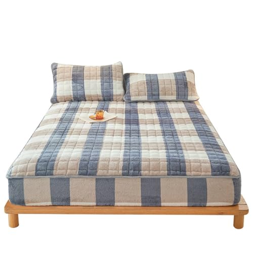 Beydodo Juego de Sábanas Bajera de 3 Piezas 200 x 220 CM + 2 Fundas de Almohada,Terciopelo Ropa de Cama Patrón de Celosía Azul Caqui