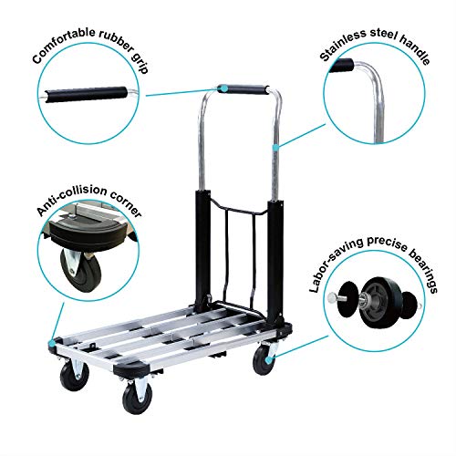 LEADALLWAY Foldable Aluminum Platform Cart - 4-Wheel, Adjustable Length, 330-LB Capacity (Includes 2 Ropes)