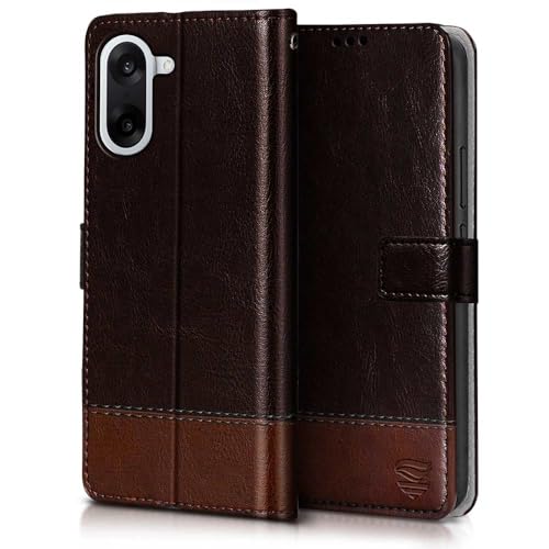 Image of FLIPPED Vegan Leather Flip Case Back Cover for 1+ OnePlus Nord CE 5 5G (Flexible, Shock Proof | Hand Stitched Leather Finish | Card Pockets Wallet & Stand | Coffee with Brown)