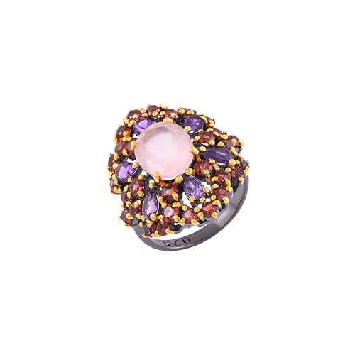 Bague en argent 925 quartz rose améthyste grenat fait main T52