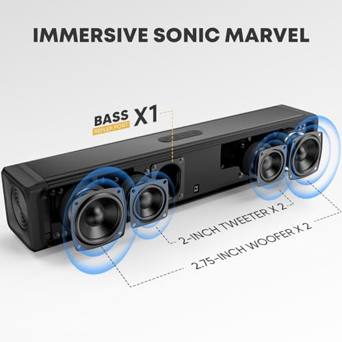 Sound bar, Small Soundbar Surround Sound System Speaker for TV/PC/Gaming/Projector, 20 Inches, Bluetooth/HDMI ARC/Optical/AUX Connections, DSP, Built-in Dual Subwoofer, Bass Adjustable, Wall Mountabl - Thumbnail 2