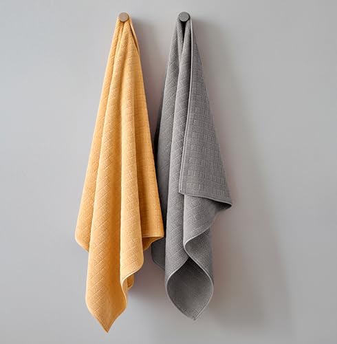 Image of Cortina Solid Towels for Bath Set of 2 (70 x 140 cm) 300 GSM Microfiber Bath Towels, Ultra Soft, Highly Absorbent & Quick Dry for Gym, Beach & Bathroom Towels for Men, Women & Kids (Yellow /Grey)