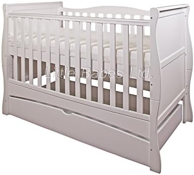 Little Babes Ltd New White Convertible Mason Cot Bed with Drawer + ECO HD Airflow Nursery Fibre Mattress 140x70x10cm / Baby Sleigh Cot Bed, Drawer & Mattress