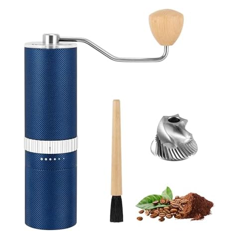 vzaahu Manual Coffee Grinder Blue Capacity 40g Stainless Steel Burr, Aluminum Shell, Brush, Carry Bag, Precise External Adjustable Setting, Double Bearing Positioning, Holiday Gift for Father, Husband Cover