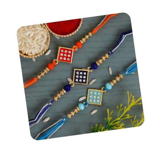 Image of eCraftIndia Set of 3 Pearl Diamond Rudraksha Designer Rakhis for Brother Bhaiya Bhai | Roli Chawal Pack | Raksha Bandhan Rakhi