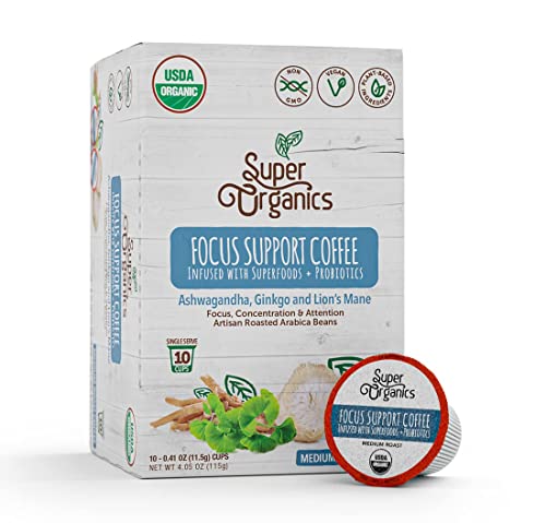 Super Organics Focus Support Coffee Brew Cups With Superfoods & Probiotics, Keurig K-Cup Compatible, Adaptogens, Medium Roast, Usda Certified, Vegan, Non-Gmo, 10 Count / 12 Count (Packaging May Vary) #TOP5