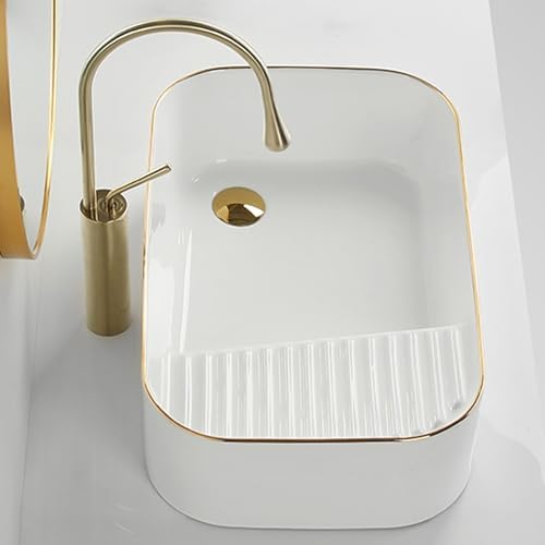 Modern Ceramic Laundry Sink with Washboard, Deep Countertop Vessel Sink with Faucet for Bathrooms & Balconies, Splashproof Design (50x38x16cm/19.7x15x6.3in)