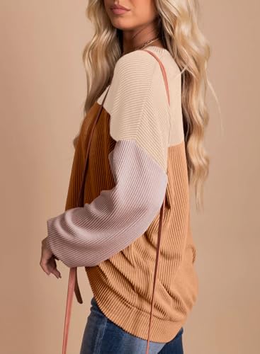 Image of Dokotoo Womens Tops Fashion 2026 Color Block Long Sleeve Shirts for Women Crewneck Knitted Casual Loose Blouses