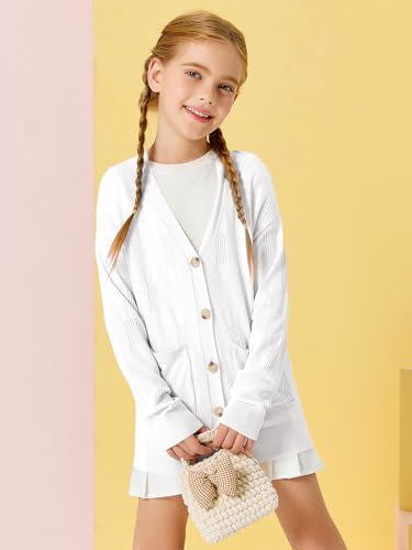 Image of Girls Cardigans Kids Fashion Open Front Long Sleeve Knit Sweaters Outerwear with Pockets 5-14 Years White