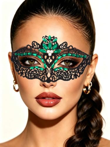 Tgirls Crystal Masquerade Mask Rhinestone Lace Mask Venetian Party Prom Ball Face Mask for Women (Green)