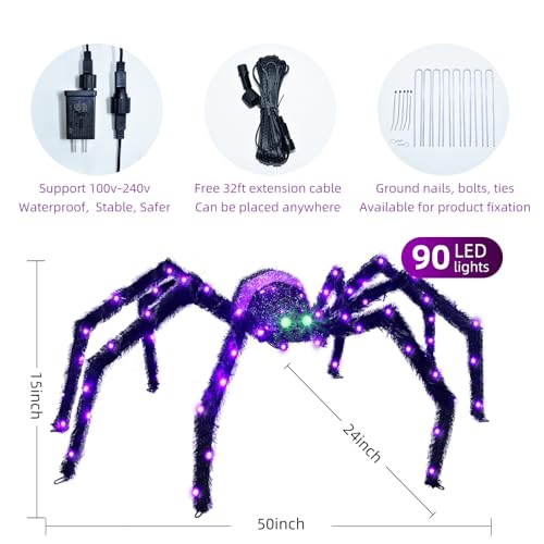 Halloween Decorations Outside Giant Spider - HOYECHI Outdoor Halloween Decor Lighted Spider 4.2FT, Light Up Spider with 90 LED Lights, Ground Stakes, for Front Yard Porch Gardens Lawns Party - image 6