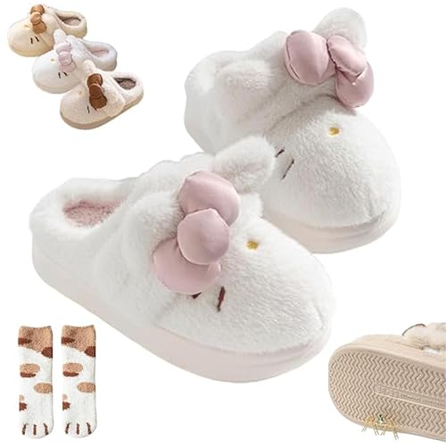 Women's Cute Cartoon Embroidery Bow Decor Plush Slippers, Adorable Fuzzy Cozy Cat Plush Slipper, Winter Warm Soft Cozy Fuzzy Indoor Thick Cotton Slippers - Main Image