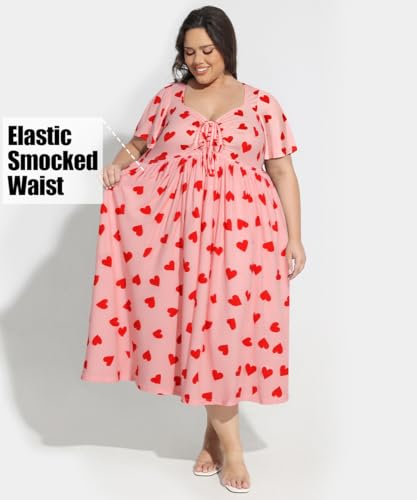 Image of CARCOS Plus Size Dresses for Curvy Women Tie Sweetheart Neck Summer Maxi Dress Short Sleeve Empire Waist Floral Boho Dress
