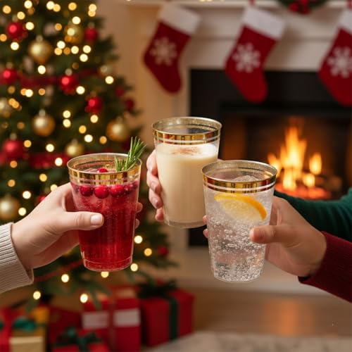 Perfect Settings 100 Premium 12oz Hard Plastic Cups Clear Glitter Gold Plastic Double Colored Rimmed Cups Fancy Disposable Wedding Cups Elegant Party Cups with Twin Colored Rim (Glitter Gold Rim, 12)