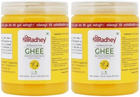 SHREE RADHEY A2 Bilona Gir Cow Ghee | Traditional Bilona Method | Cultured | Premium | Immunity Booster | Pure | Healthy | Lactose and gluten free | Keto Friendly | 1 Litre X 2 Pet Bottle