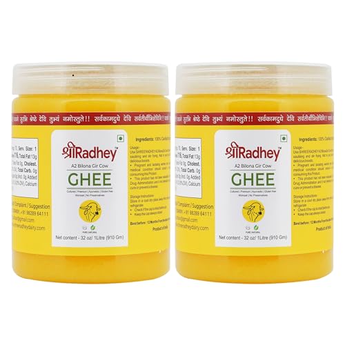 SHREE RADHEY A2 Bilona Gir Cow Ghee | Traditional Bilona Method | Cultured | Premium | Immunity Booster | Pure | Healthy | Lactose and gluten free | Keto Friendly | 1 Litre X 2 Pet Bottle