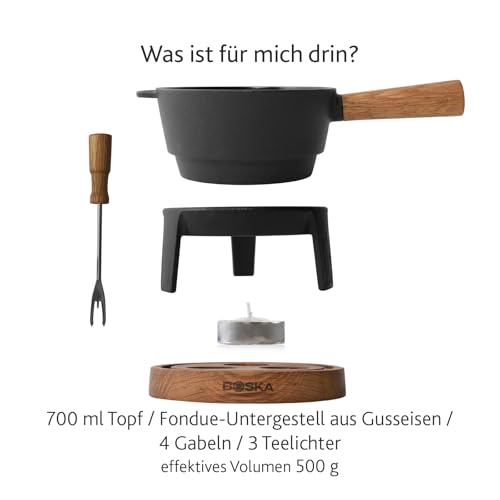 Foto von BOSKA Fondue Set Pro S - 2 bis 4 Personen - Käsefondue Teelichter mit Stil - 700 ml Inhalt für 350 gr Geschmolzenen Käse [Ink. Fonduegabeln] [Stabile, Eichenholz und Edelstahl]