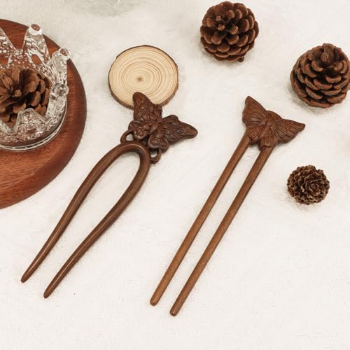 CUBACO 2 PCS Wooden Hair Sticks French Twist Hair Pins for Women Handmade Butterfly Wood Hair Forks Hair Sticks for Buns Vintage Chinese Hair Pins for Long Thick Hair Women Chignon Bun Updo Hairstyle - Thumbnail 7