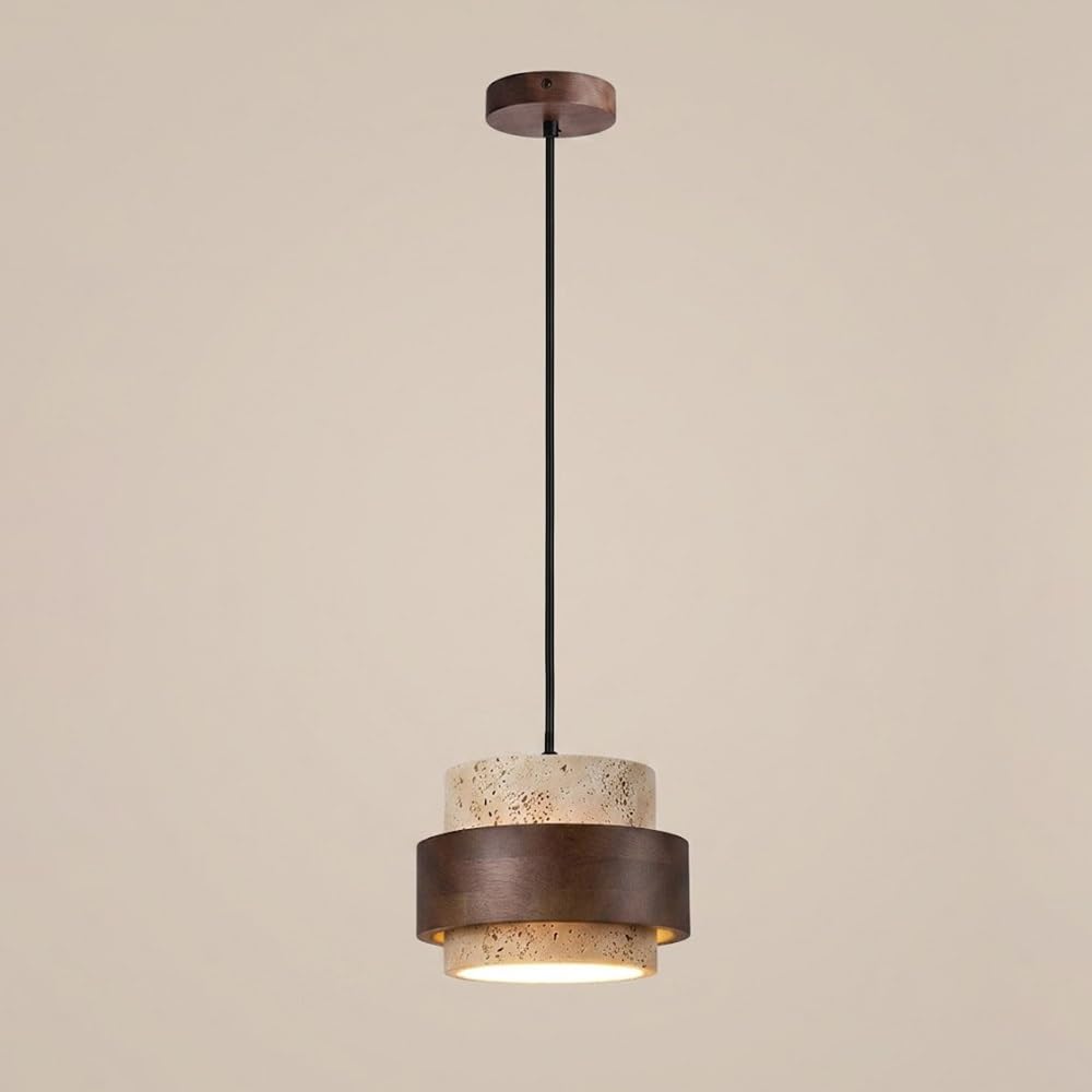 COSRUB Japanese Travertine Stone Chandelier, Cylindrical Mini Pendant Light with Wooden Ring Minimalist Farmhouse Single Hanging Lamp for Bedroom Living Room(Walnut)