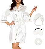 EPLAZA Bride Robe for Wedding Day Bridal Robes Satin Silk V-Neck Robe for Bachelorette Party Getting Ready (White, L)