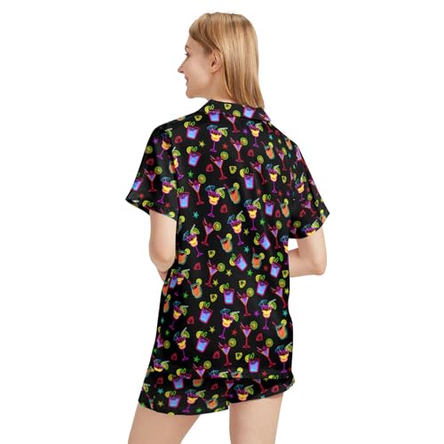 Image of Funny Satin Pajamas Set for Women Button Down Sleepwear Print Pjs Set 2 Piece Short Sleeve Loungewear Gift for Women