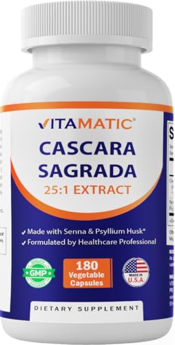 Vitamatic Cascara Sagrada Capsules Senna & Psyllium Husk Botanical Extract 25X Plant-Based Extract All-Natural Non-GMO Vegan 180 Veg Capsules