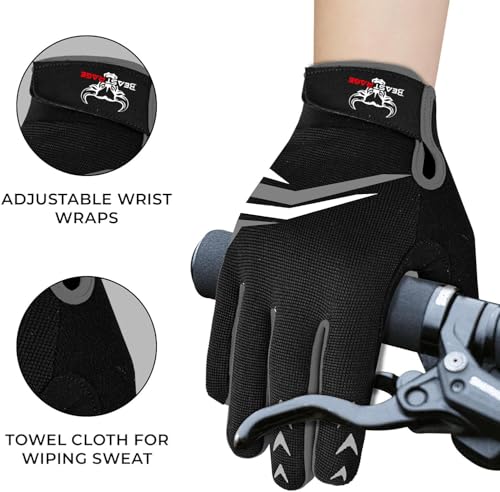 BEAST RAGE Vollfinger-Radhandschuhe mit Polsterung für Männer und Frauen, rutschfest, stoßdämpfend, atmungsaktiv, Touchscreen Mountainbike-Handschuhe für BMX, MTB-Rennen, Straßenrennen (SCHWARZ, M)