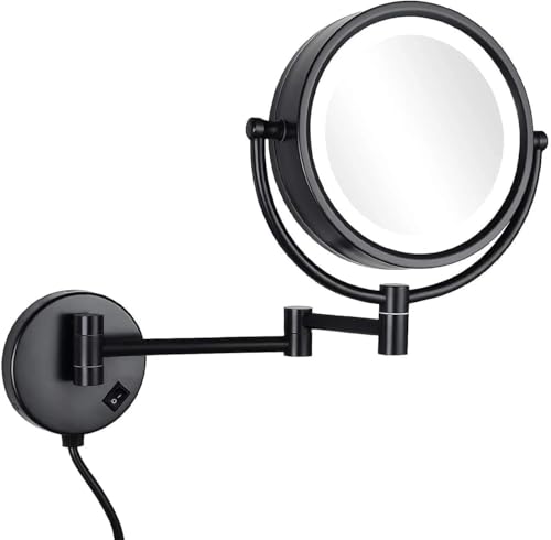 Image of Brass LED Mirror Dual Side Round Mirror for Bathroom 360 Swivel with Zoom View | Magnifying Shaving Makeup Vanity Mirror Wall Mounted (LED Black)